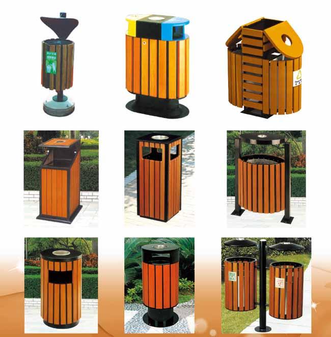 Acero o cubos de basura de madera al aire libre sólidos de los botes de basura para el parque con el cenicero